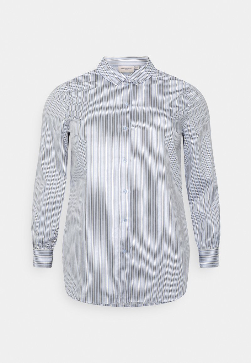 Camicia button-up a righe blu chiaro e bianca con colletto, maniche lunghe e polsini elastici. Realizzata in un morbido tessuto misto cotone.