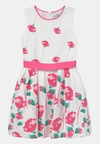 Robe sans manches blanche avec imprimé floral rose, une ceinture rose et une fermeture éclair dans le dos. Fabriquée en tissu léger.