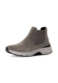 Bottine en suede gris avec des panneaux latéraux élastiques, bout rond et semelle rembourrée avec un modèle en caoutchouc noir pour une bonne adhérence.