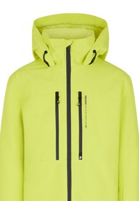 Veste imperméable vert citron avec un col haut, une capuche réglable et des accents de zip noirs. Dispose de deux poches sur la poitrine et d'un détail de marquage.