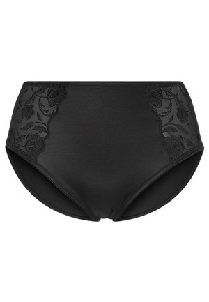 Culotte noire taille haute avec des détails en dentelle florale sur les côtés, texture lisse et tissu extensible pour le confort.