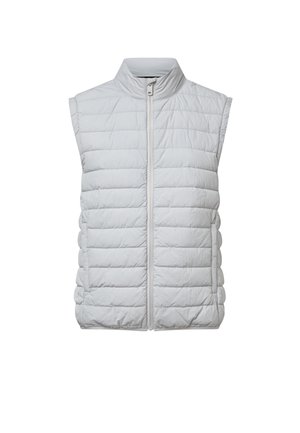 Šviesiai pilkas pūstas liemenis be rankovių, su aukštu apykakle ir priekinės užtrauktuko uždarymu, baltoje fone.