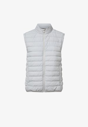 Light gray quilted sleeveless puffer vest with high collar and front zipper closure on a white background.