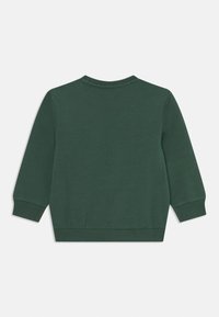 Felpa verde scuro con maniche lunghe, polsini a costine e scollatura rotonda. Texture liscia, design semplice e senza motivi o accenti visibili.