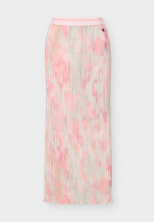 Μακριά πλισέ φούστα με απαλό ροζ και μπεζ σχέδιο tie-dye και μικρό μαύρο κυκλικό λογότυπο κοντά στη μέση.