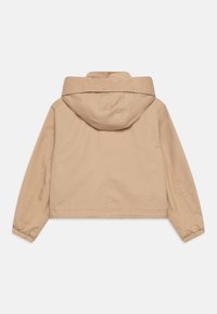 Giacca cropped beige con cappuccio, dotata di polsini elasticizzati, una texture liscia e un semplice dettaglio di cucitura sul retro.