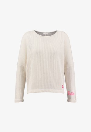 Pull en maille blanc à manches longues, avec une texture côtelée. Broderie rose sur la manche gauche avec le mot "Volta". Encolure ronde.