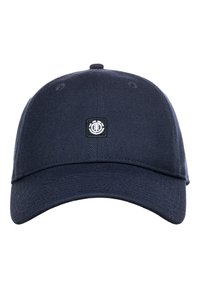 Marineblaue Baseballkappe mit gebogenem Schirm und kleinem quadratischem schwarz-weißen Logo, das zentral auf der Vorderseite platziert ist.
