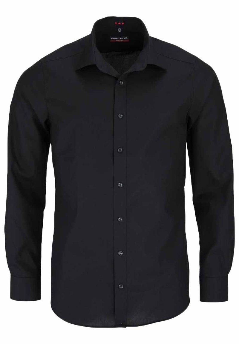 Schwarz langärmliges Hemd mit Knopfleiste aus robustem Stoff. Verfügt über einen spitzen Kragen, sieben Frontknöpfe und eine taillierte Silhouette.