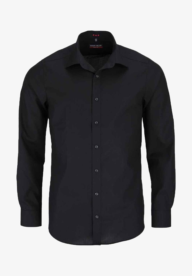 Schwarz langärmliges Hemd mit Knopfleiste aus robustem Stoff. Verfügt über einen spitzen Kragen, sieben Frontknöpfe und eine taillierte Silhouette.