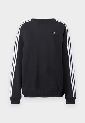 Zwarte sweatshirt met lange mouwen, witte strepen langs elke arm en een klein grijs logo op de borst. Gemaakt van katoen, casual pasvorm.