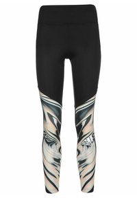 Leggings noirs avec une silhouette ajustée, présentant un motif marbré multicolore dans des teintes de beige, noir et blanc sur les côtés inférieurs.