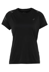 Schwarzes sportliches T-Shirt mit kurzen Ärmeln, rundem Ausschnitt, strukturierten Akzenten auf den Schultern und einem kleinen Logo auf der Brust.