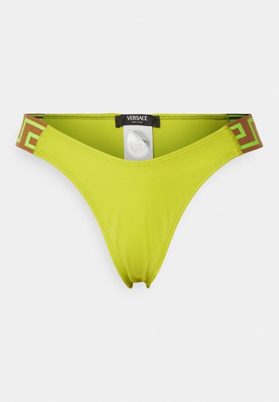 Neon gul bikiniunderdel med en grøn og brun geometrisk mønstret talje, lavet af glat, strækbart stof. Har et vedhæftet mærke.