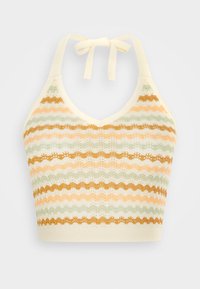 Top cropped de malha em creme com riscas onduladas em tons de laranja, dourado e verde; apresenta um decote em V e um laço ajustável nas costas.