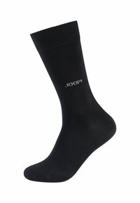 Sort bomuldsstrømpe med ribbet manchet. Har et logo "JOOP!" i grå placeret på siden. Glat tekstur, standard længde.