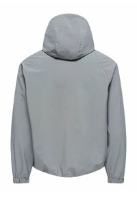 Vaaleanharmaa huppari, kuvattu takaa, jossa pitkät hihat ja joustavat hihansuut valkoisella taustalla.