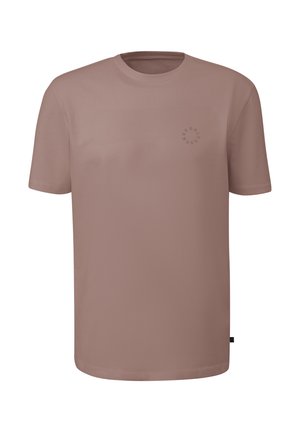 Kurzärmeliges T-Shirt mit Rundhalsausschnitt in gedämpftem Rosaton, aus glattem Stoff gefertigt, mit einem dezenten, eingeprägten Logo auf der Brust.