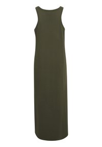 Rochie maxi verde măsliniu, fără mâneci, realizată dintr-un material moale. Prezintă un decolteu rotund și o siluetă dreaptă, ajungând sub genunchi.