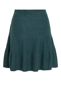 Jupe tricotée vert foncé longueur genou avec une ceinture en côtes et une légère évasement à l'ourlet.