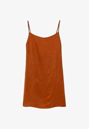 Rdzawy pomarańczowy top na cienkich ramiączkach, prosty wzór, miękka tekstura i lekko zaokrąglony dół. Brak widocznych elementów metalowych ani wzorów.