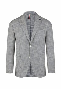 Herrenblazer im navy-weißen Hahnentmodermuster, zwei Fronttaschen, gekerbte Revers, Ein-Knopf-Verschluss, strukturierter Stoff, schlanke Passform.