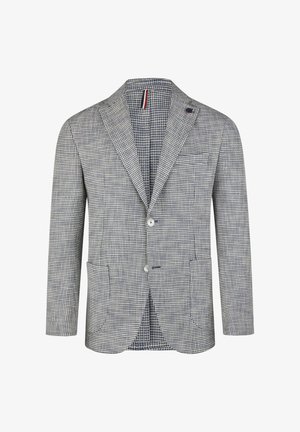Heren blazer, marineblauw en wit houndstooth patroon, twee voorzakken, notch-rever, enkele knoopsluiting, textuurstof, slim fit ontwerp.
