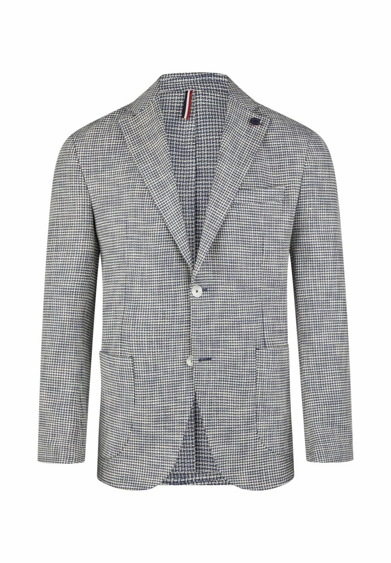 Herrenblazer im navy-weißen Hahnentmodermuster, zwei Fronttaschen, gekerbte Revers, Ein-Knopf-Verschluss, strukturierter Stoff, schlanke Passform.