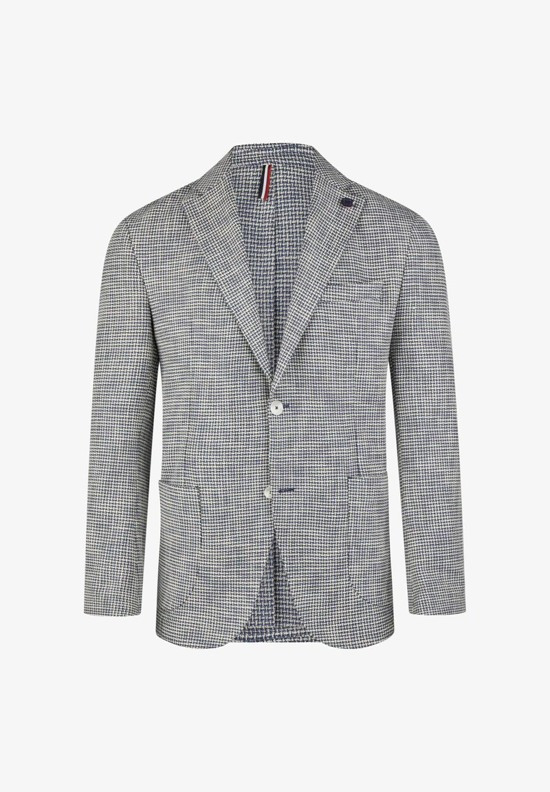 Herrenblazer im navy-weißen Hahnentmodermuster, zwei Fronttaschen, gekerbte Revers, Ein-Knopf-Verschluss, strukturierter Stoff, schlanke Passform.