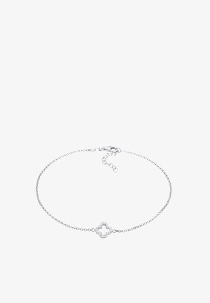 Silver chain bracelet featuring a clover-shaped centerpiece adorned with small clear gemstones, with a lobster clasp and adjustable length.