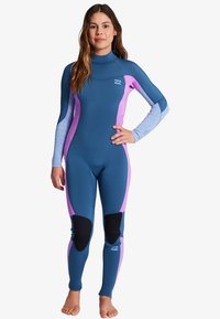 Wetsuit featuring blue, pink, and patterned sleeves with knee pads. Slim-fit design, high neck, and long sleeves for coverage and warmth.