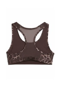 Barna sportmelltartó versenyháttal, texturált fő anyaggal és leopárdmintás díszítéssel a szegélyeken.