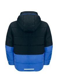 Giacca imbottita con la parte superiore nera e la parte inferiore blu. Presenta un cappuccio e cuciture orizzontali. Accentazioni riflettenti vicino all'orlo.