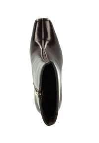 Bottine en cuir brun à bout pointu avec une finition brillante, fermeture éclair sur le côté et forme effilée. Texture lisse, détails minimalistes.