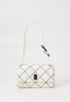 Quilted white handbag with black stitching, rectangular shape, and a single shoulder strap. Features a prominent black logo detail on the front.