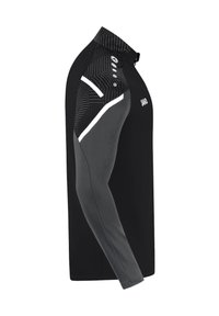 Maglietta sportiva a maniche lunghe in nero e grigio. Presenta spalle con motivo, accenti bianchi e un colletto alto. Realizzata in materiale elasticizzato.