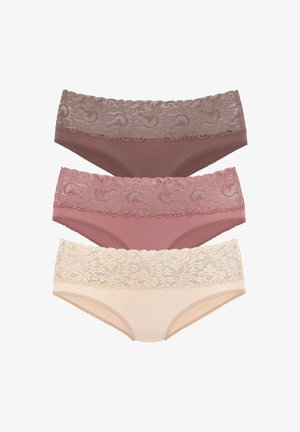 Three pairs of patterned panties. Top in dark brown, middle in rose, and bottom in light beige with lace trim and floral designs.