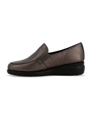 Scarpa slip-on con tomaia in pelle liscia grigio scuro, punta arrotondata, dettagli di cuciture discrete e suola a zeppa bassa in gomma nera.