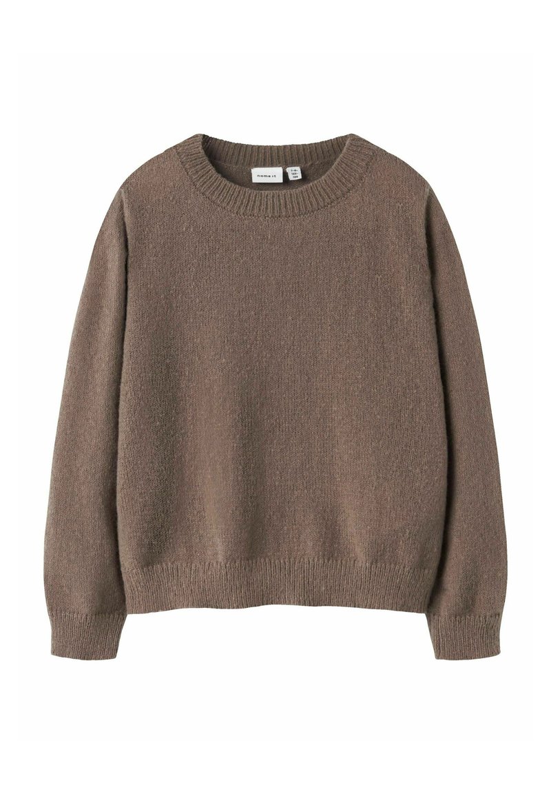 Pull en tricot marron avec un col rond, des poignets et un ourlet côtelés. Texture douce avec une coupe ample et sans motifs ni accents distincts.