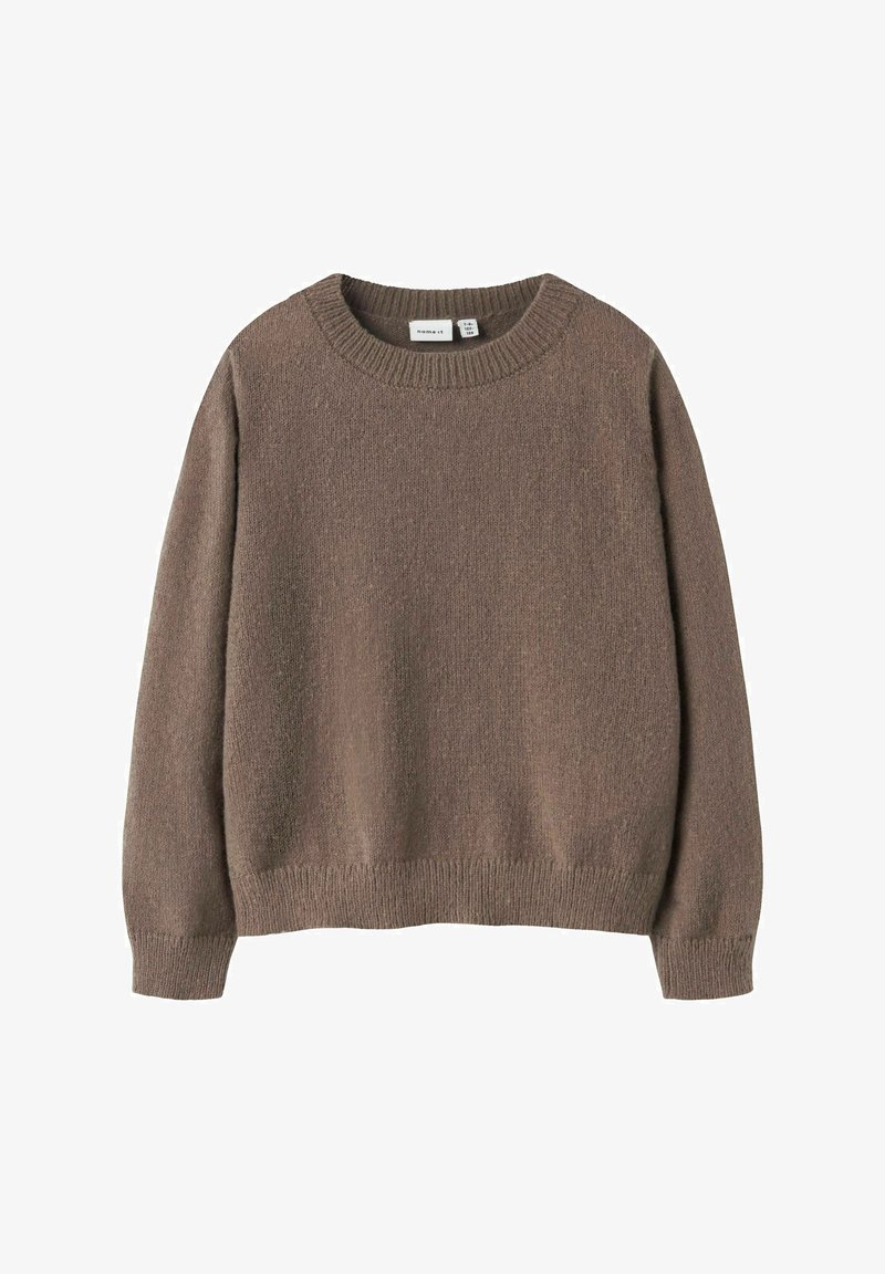 Pull en tricot marron avec un col rond, des poignets et un ourlet côtelés. Texture douce avec une coupe ample et sans motifs ni accents distincts.