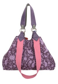 Paarse stoffen handtas met roze handvatten, voorzien van een bloem- en dierenpatroon. Inclusief zilverkleurige accenten en contrasterende groene details.