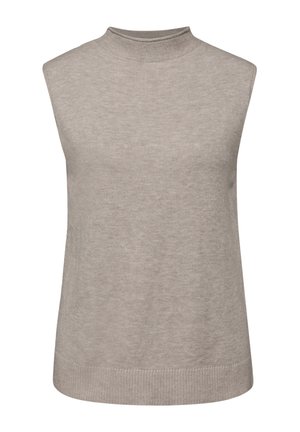 Světle šedý bezrukávový pletený top s vysokým ribovaným límcem, jemnou texturou a rovnym lemem. Jednoduchý design bez vzorů nebo ozdob.