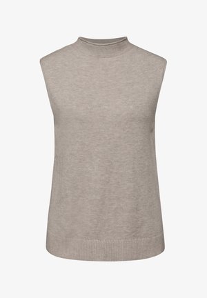 Débardeur en tricot gris clair sans manches avec un col côtelé haut, texture douce et ourlet droit. Design simple sans motifs ni embellissements.