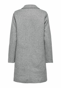 Manteau en mélange de laine gris, avec un col, des manches longues et une coupe droite. Le dos présente un design minimaliste sans matériel visible ni embellissements.