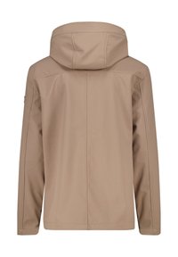 Beige hooded jacket with a smooth, matte texture. Features seam detailing and a structured hood. No visible hardware or patterns.