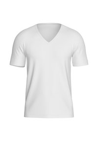 Camiseta blanca de manga corta y cuello en V, hecha de una suave tela de algodón; presenta un ajuste clásico y una textura suave sin patrones ni adornos visibles.