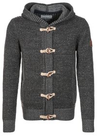 Dunkelgrauer gestrickter Kapuzenstrickjacke mit Knopfverschlüssen und gerippten Bündchen und Saum.