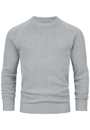 Suéter de punto gris claro con cuello redondo, dobladillo y puños acanalados, y mangas raglán. Textura suave con sutiles variaciones en el tejido.