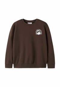 Bruine sweatshirt met ronde hals. Voorzien van een witte print met de tekst "NOOIT ZEGGEN GAME OVER!" op de linkerborst. Zachte textuur, geribbelde manchetten.