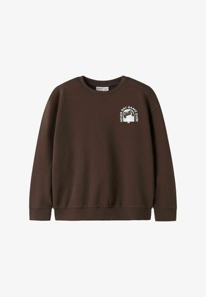 Brown sweatshirt with crew neck. Features a white graphic that says "NEVER SAY GAME OVER!" on the left chest area. Soft texture, ribbed cuffs.